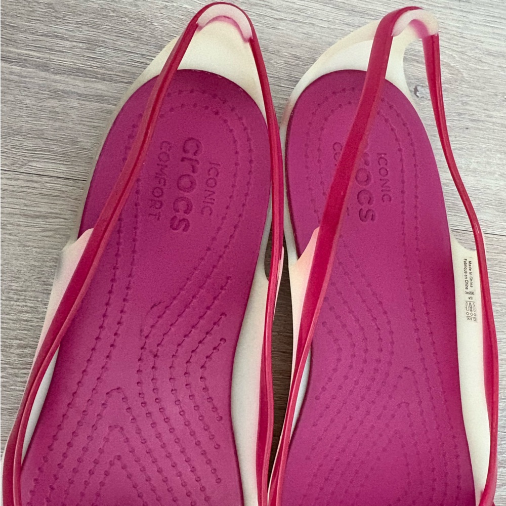 CROCS Womens Jelly Flats Size 10 Wide Cream Magenta Colorful Open Toe Comfort - Picture 9 of 11